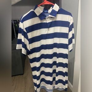 Blue and white striped golf polo